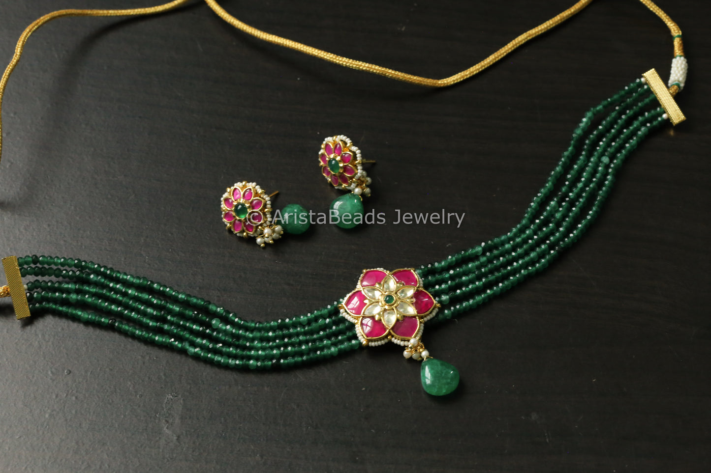 Dainty Pachi Kundan Choker Set - Ruby Green