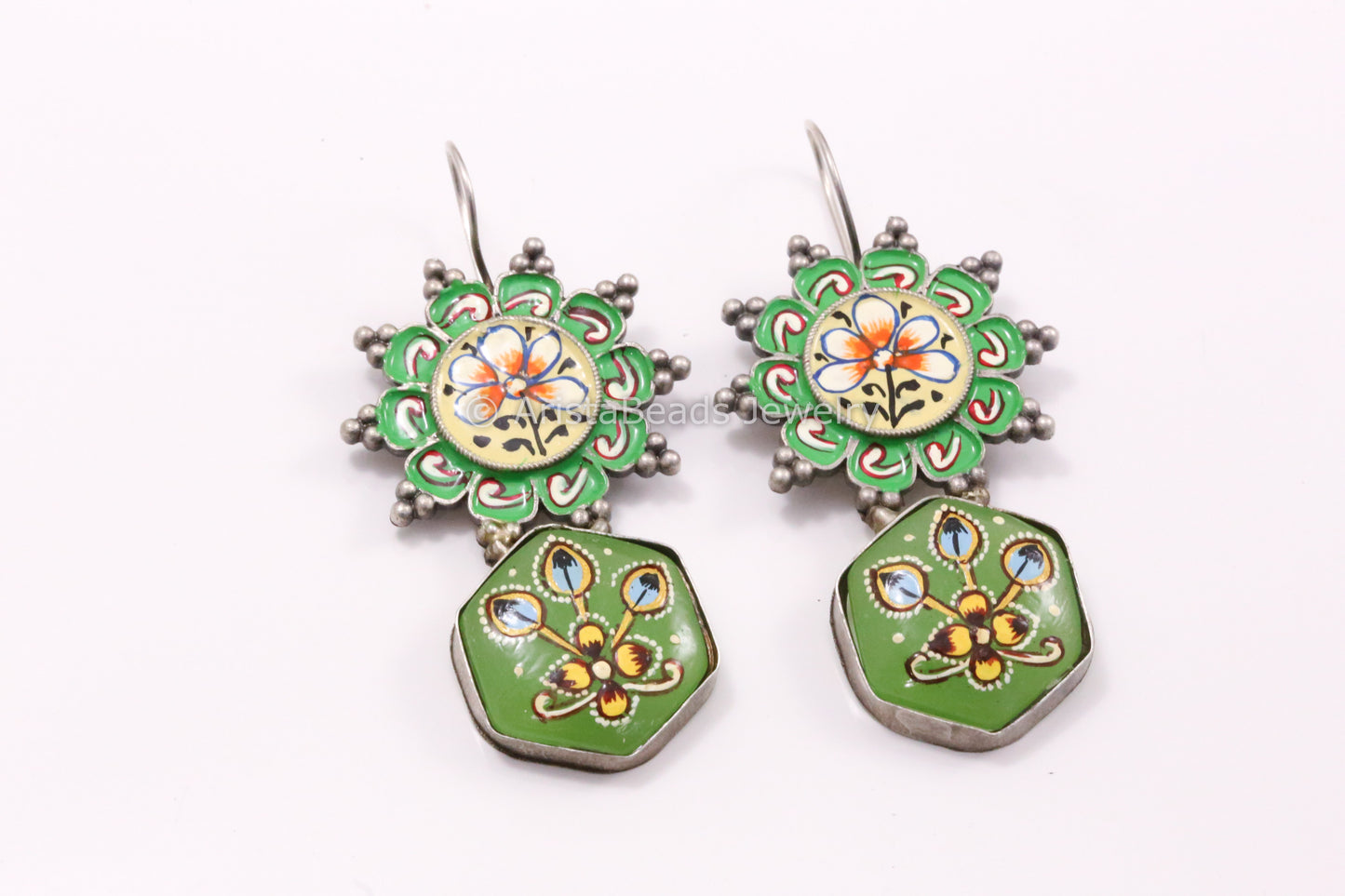 Enamel & Tanjore Work Earrings - Green