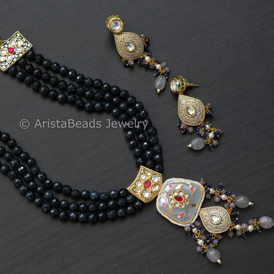 Kundan Meenakari Necklace Set - Blue Gray