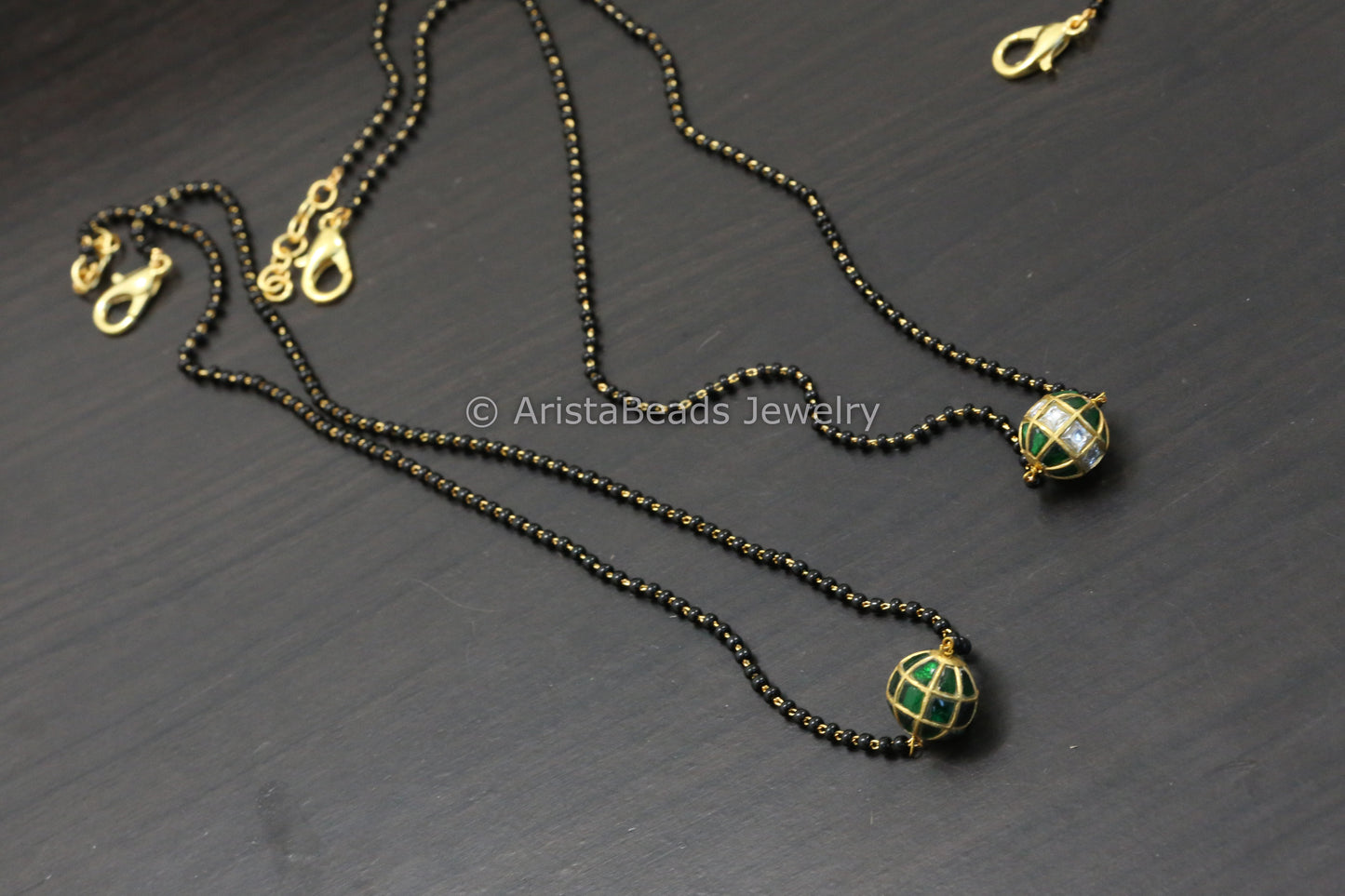 Jadau Black Bead Necklace - Green