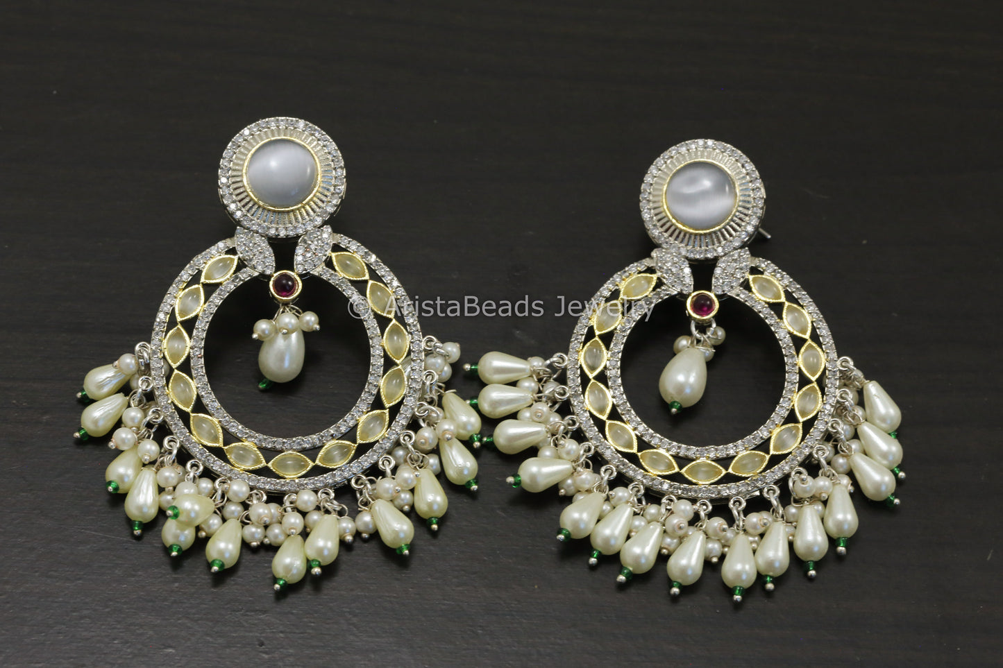 Dual Tone CZ & Pota Stone Chandbaali - Lemon
