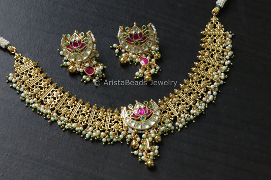 Gold Plated Pachi Kundan Lotus  Necklace Set