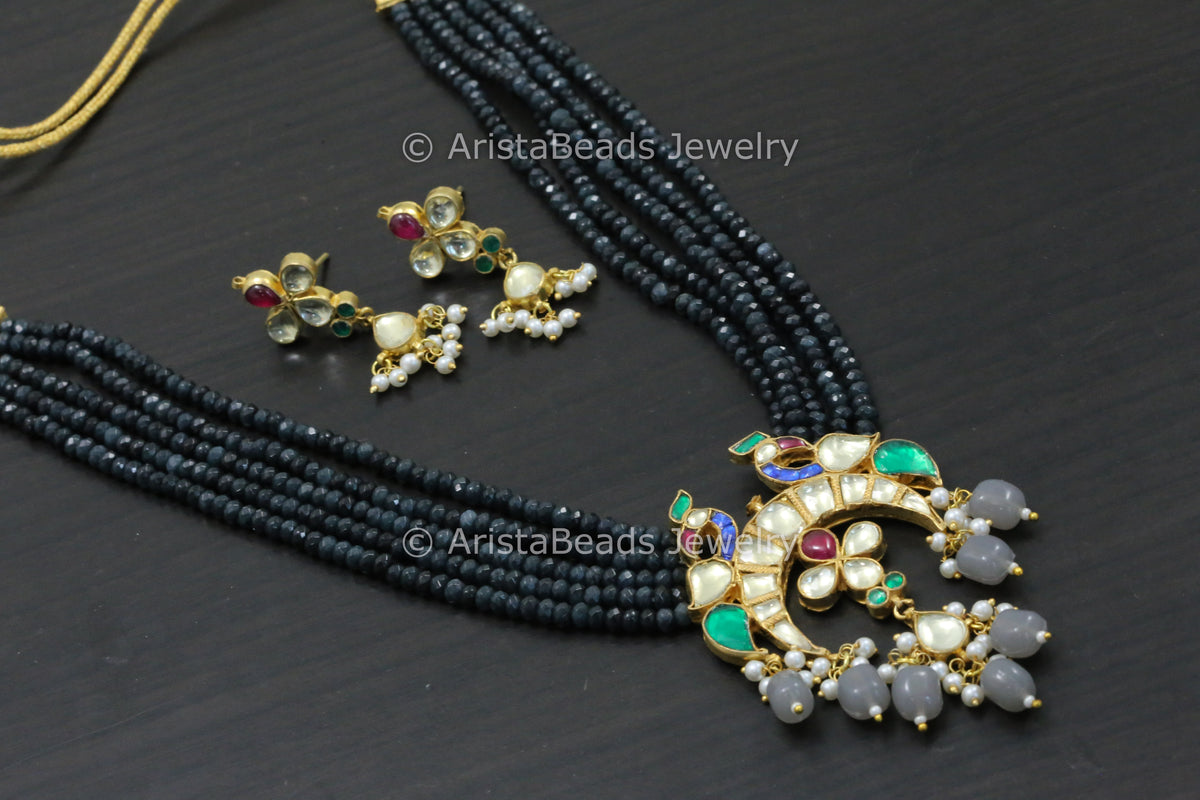 Pachi Kundan Necklace Set - Blue Gray