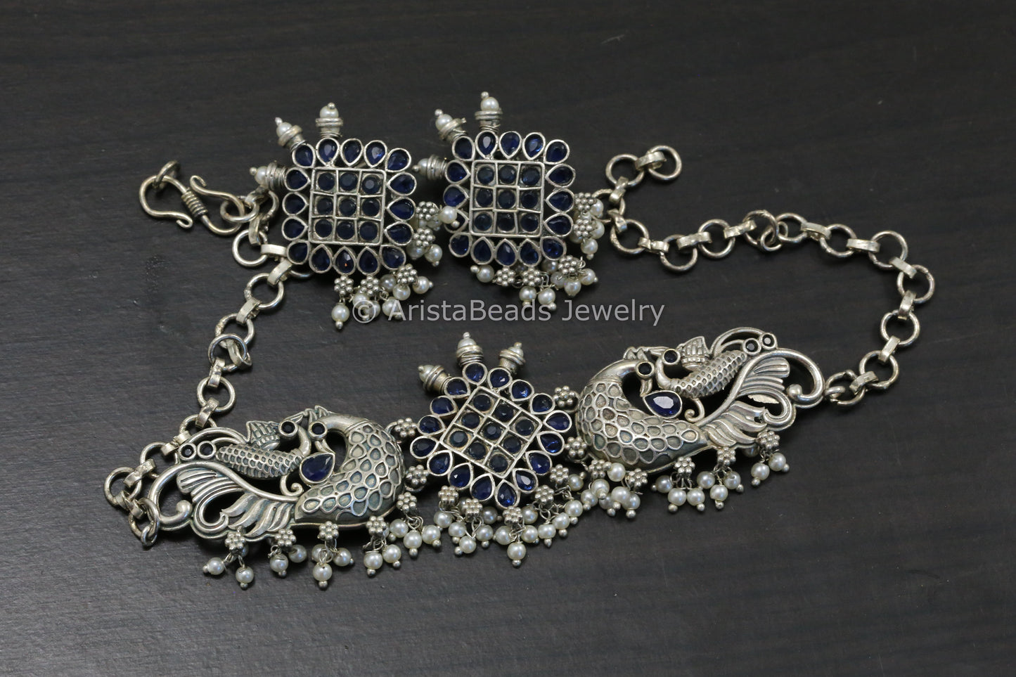 Silver Tone Brass Choker Set - Blue