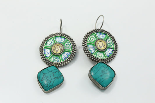 Handmade Meenakari Hook Earring - Green Turquoise