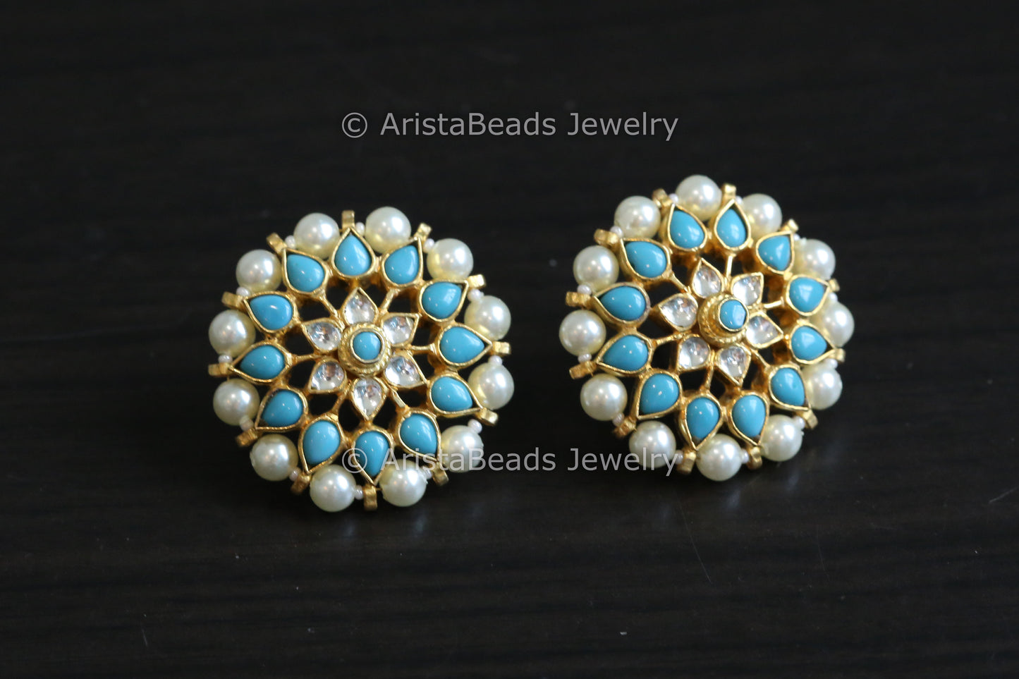Extra Large Pachi Kundan Studs - Turquoise Pearl