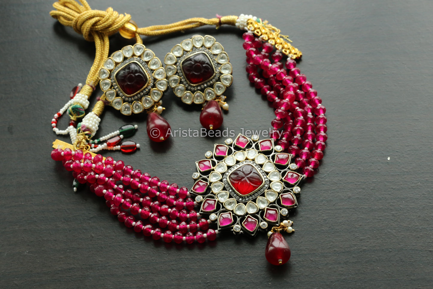 Kundan Polki & Carved Stone Necklace Set - Ruby
