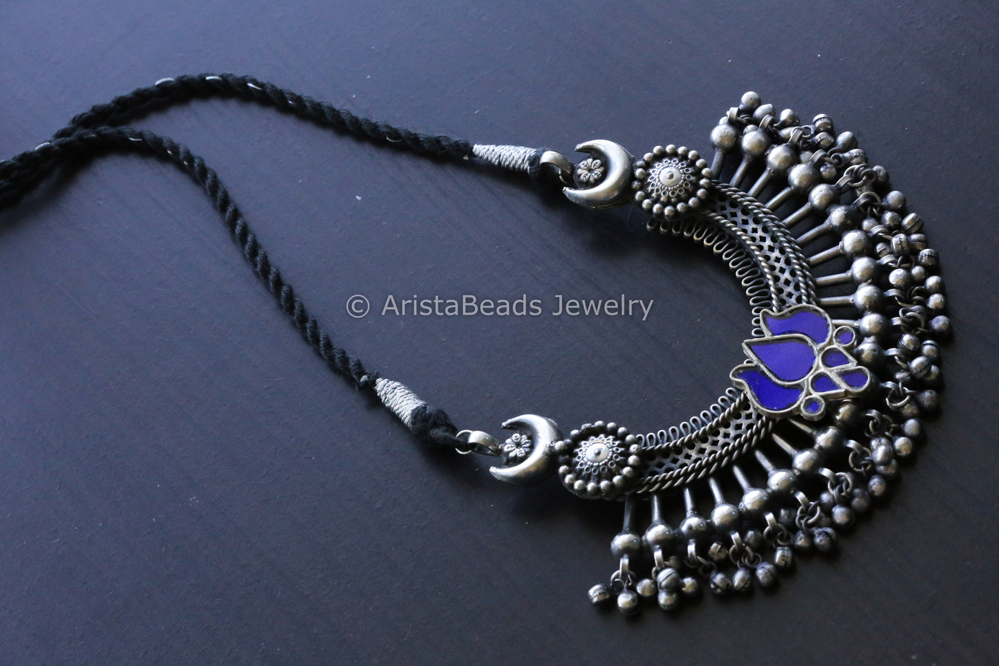 Large Pendant In Black Dori - Blue Glass Motif