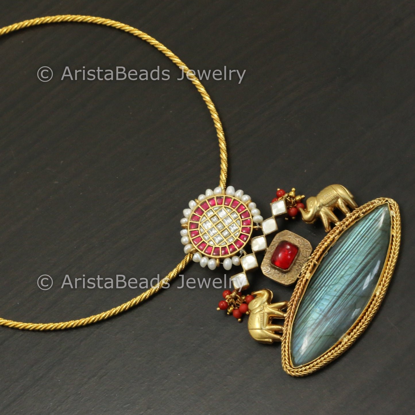 925 Sterling Silver Kundan Hasli Necklace - Labradorite