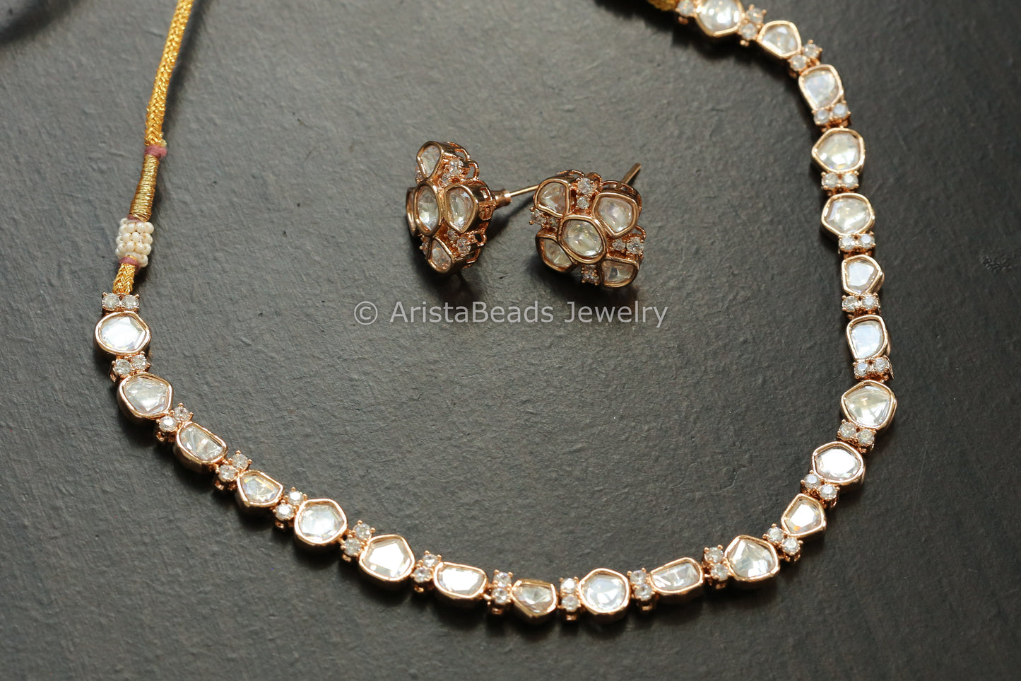 Dainty Polki & Micro CZ Necklace Set - Rose Gold