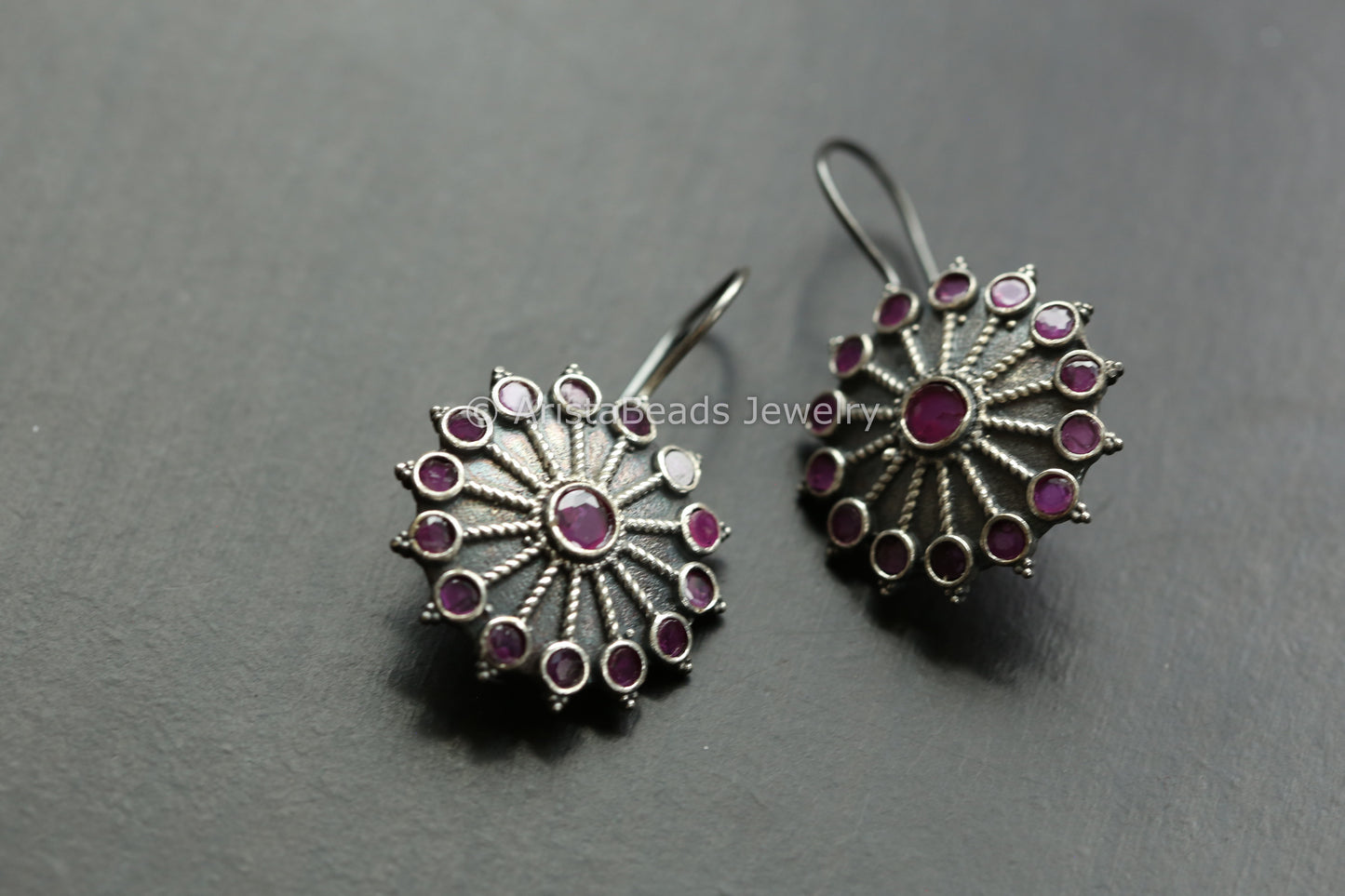 Silver Look Hook Earrings - Ruby