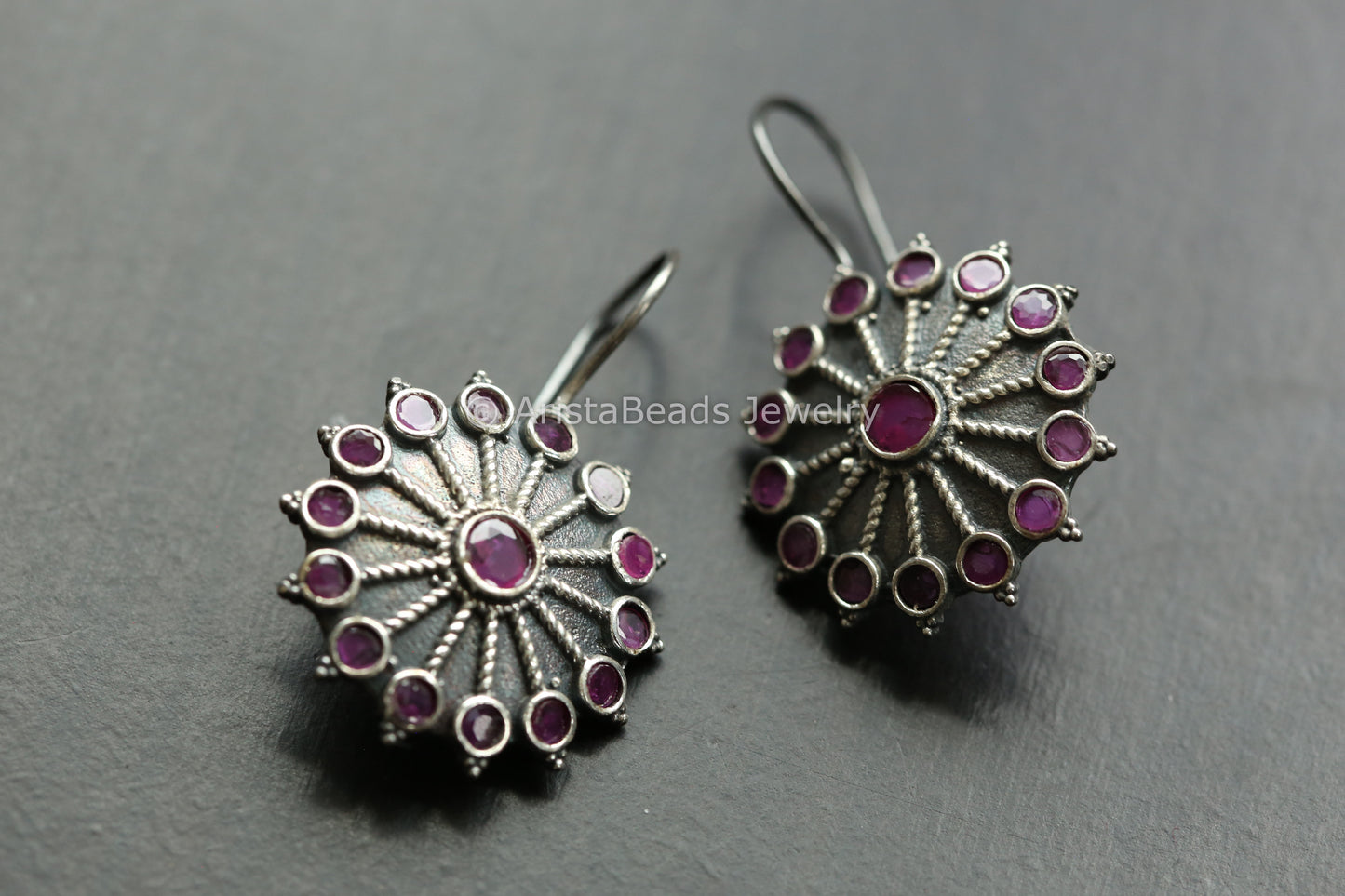 Silver Look Hook Earrings - Ruby