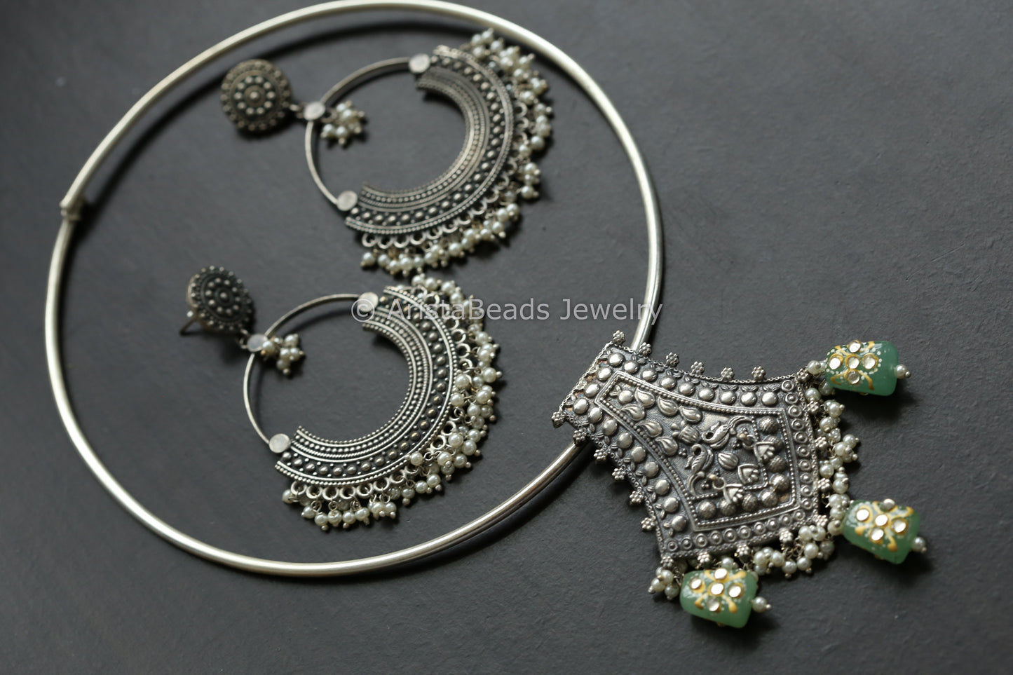 Tribal Hasli Necklace Set - Mint Green