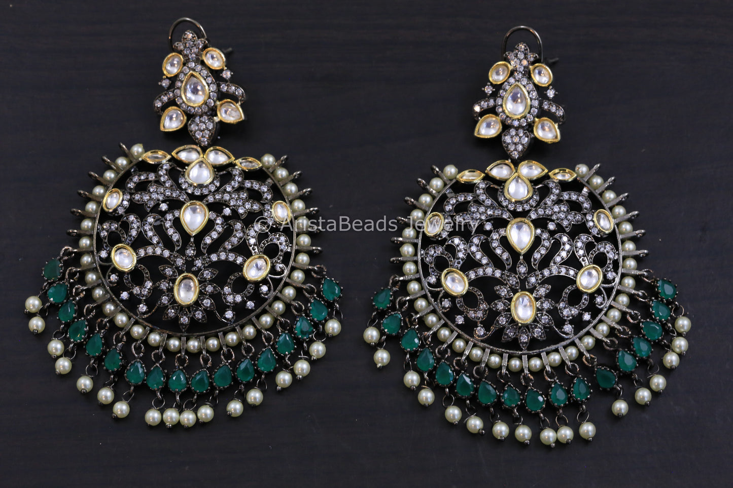 Victorian Kundan Chandbaali - Emerald