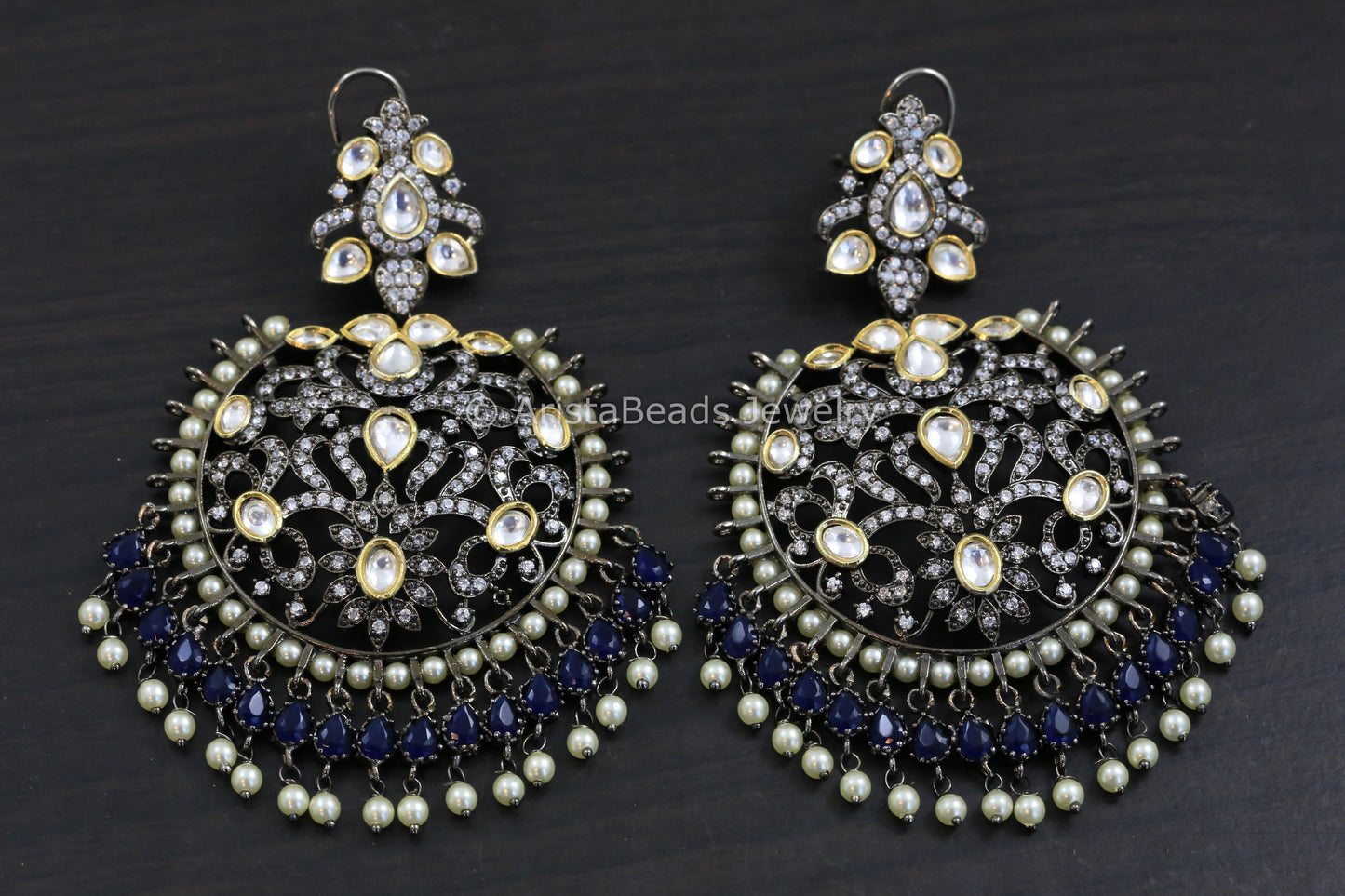 Victorian Kundan Chandbaali - Blue
