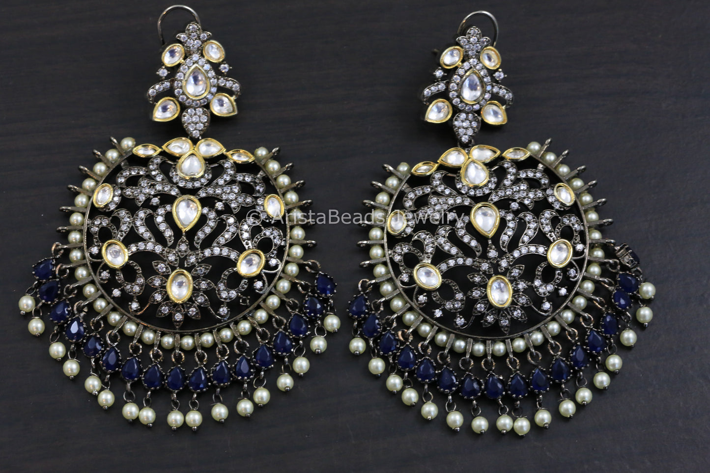 Victorian Kundan Chandbaali - Blue