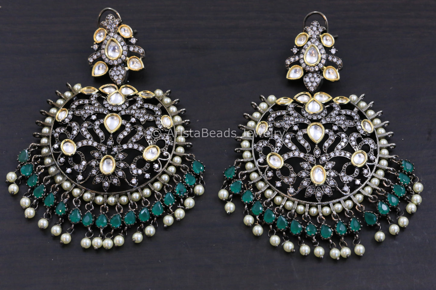 Victorian Kundan Chandbaali - Emerald