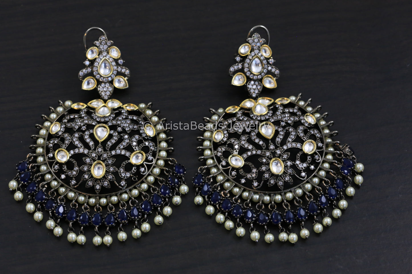 Victorian Kundan Chandbaali - Blue