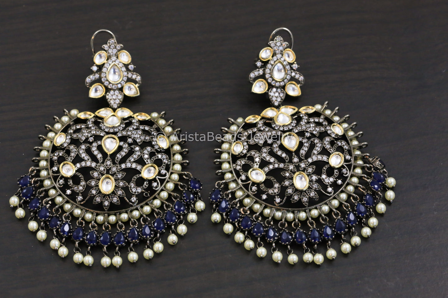 Victorian Kundan Chandbaali - Blue