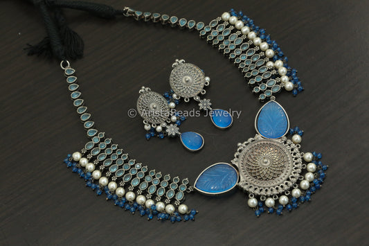 Ice Blue Carved Stone & AD Necklace Set