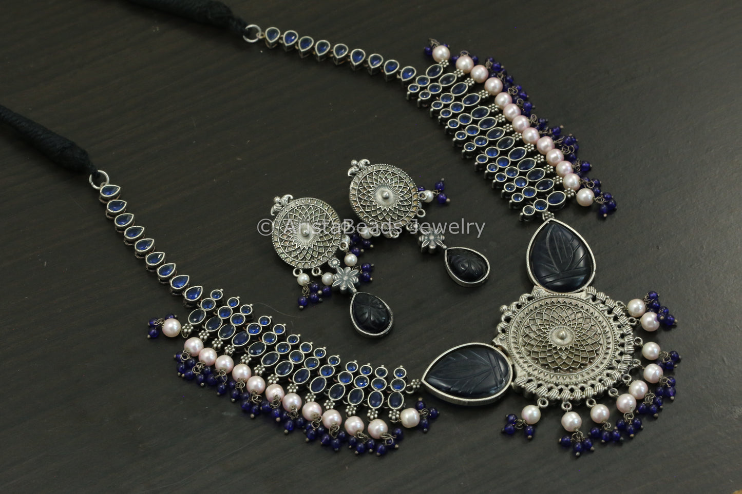 Blue Carved Stone & AD Necklace Set