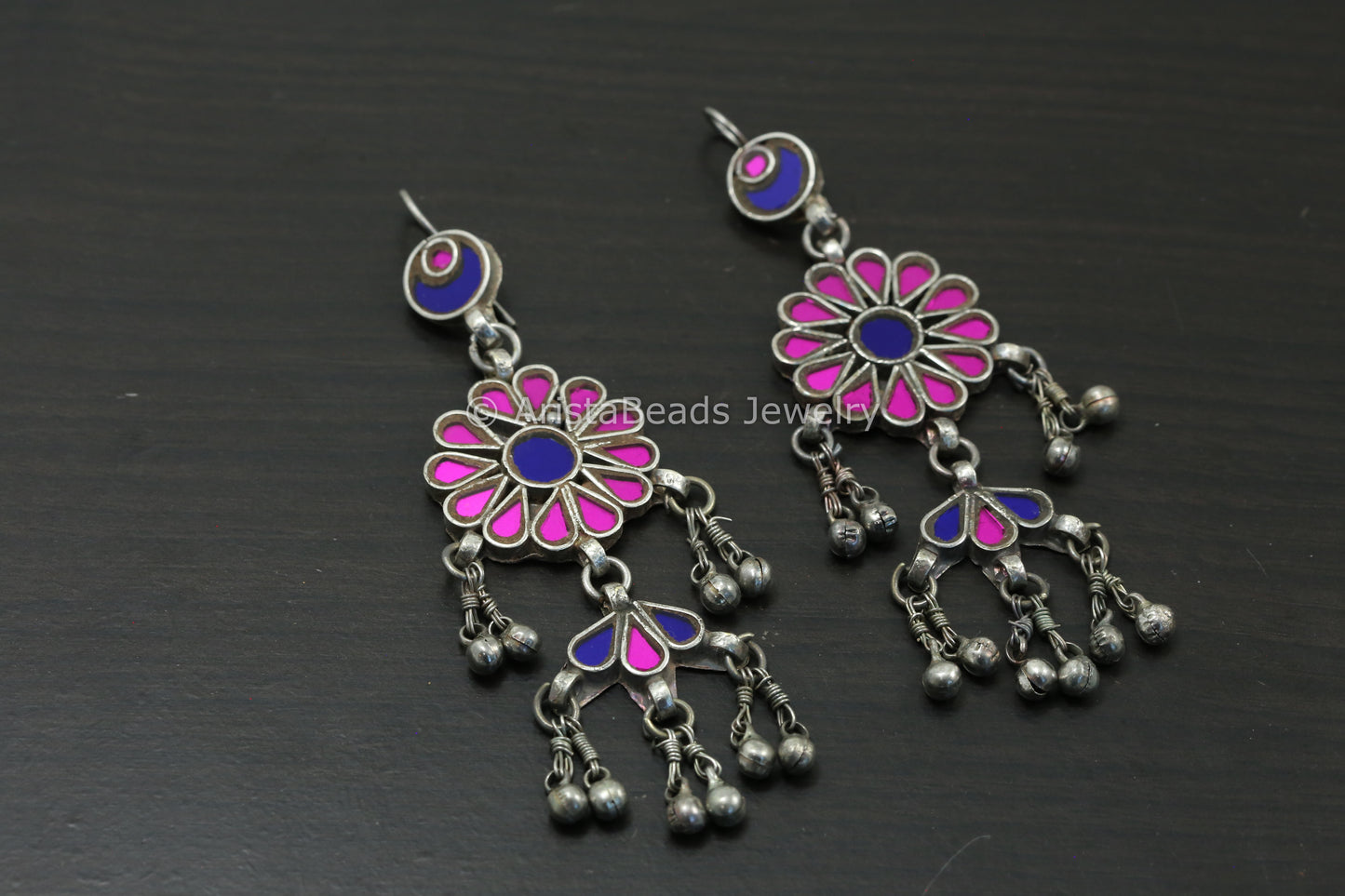 Long Real Glass Earrings - Pink & Blue