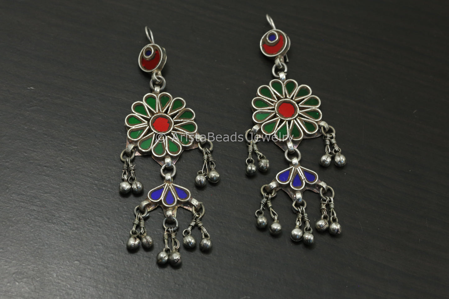 Long Real Glass Earrings - Green Red & Blue