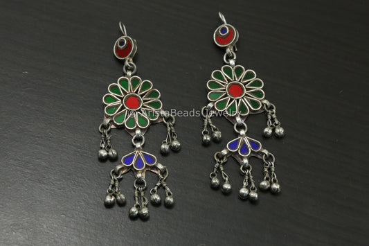 Long Real Glass Earrings - Green Red & Blue