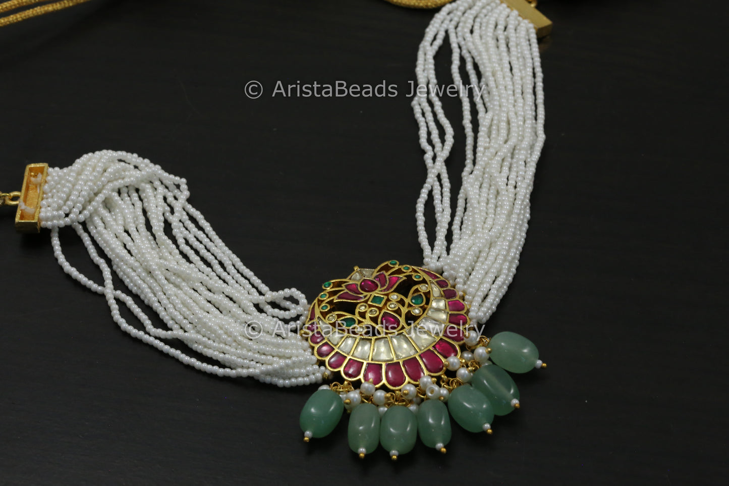 Kundan Necklace In Seed Pearl Mala - Green Drops