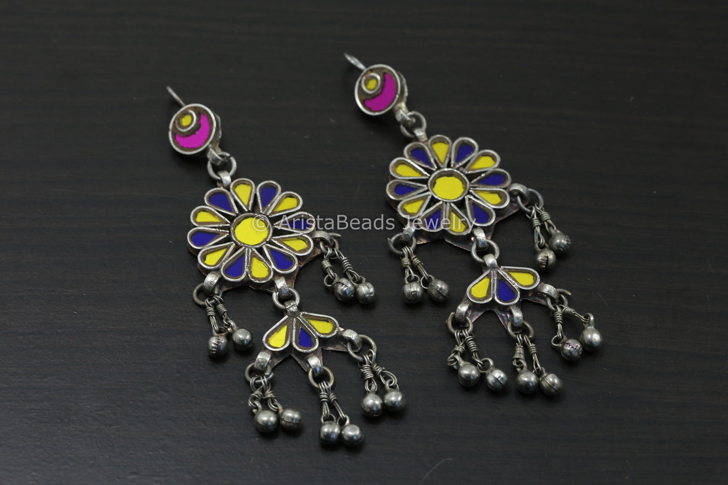 Long Real Glass Earrings - Yellow & Blue
