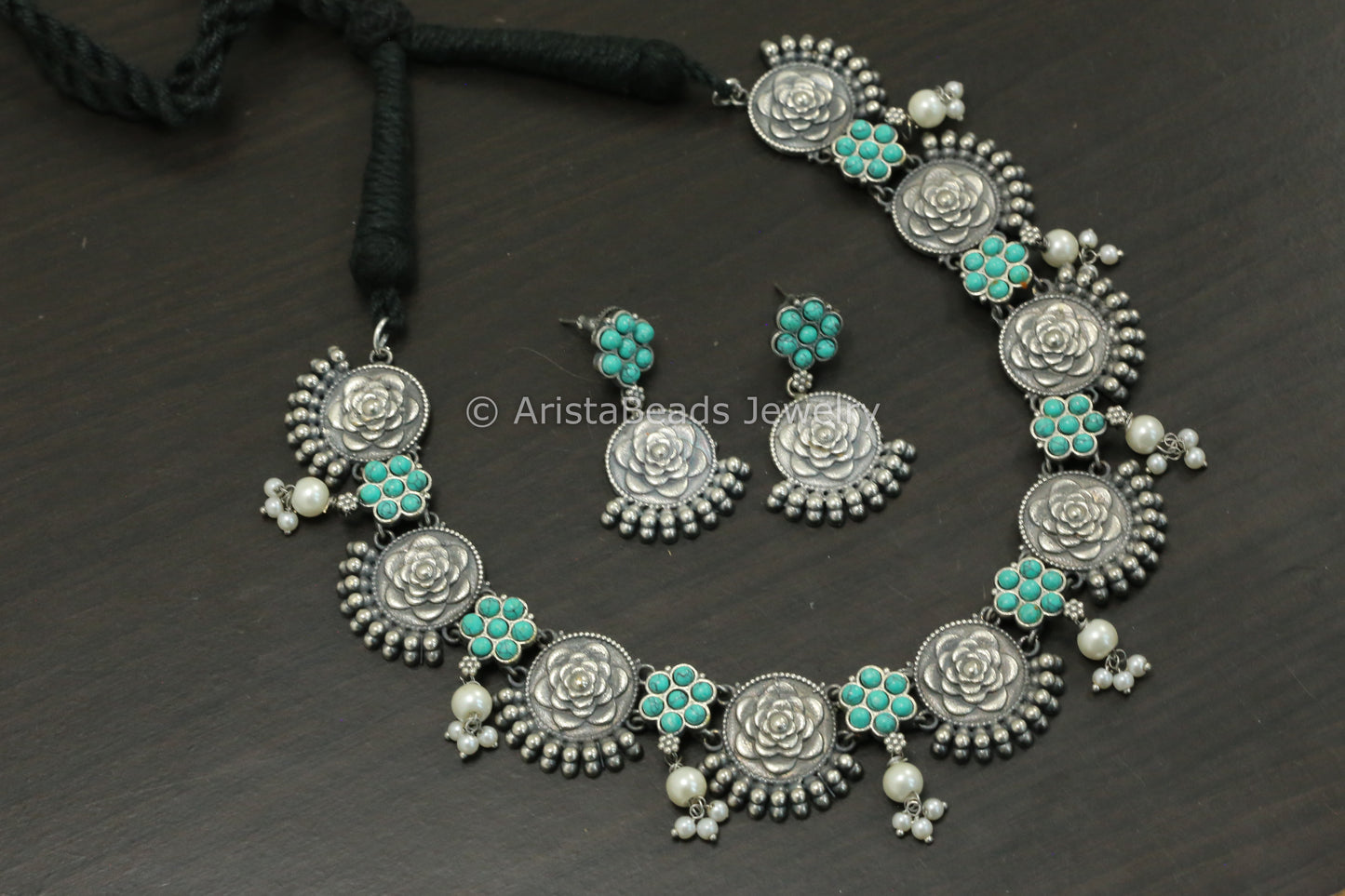 Silver Look Flower Necklace Set - Turquoise