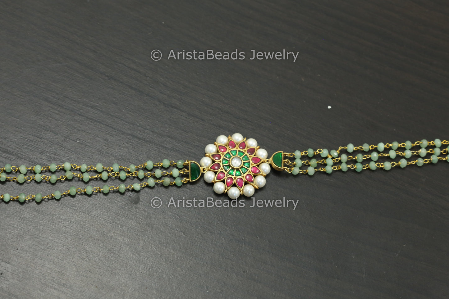 Jadau Kundan Multicolor Choker Necklace - Green Beads