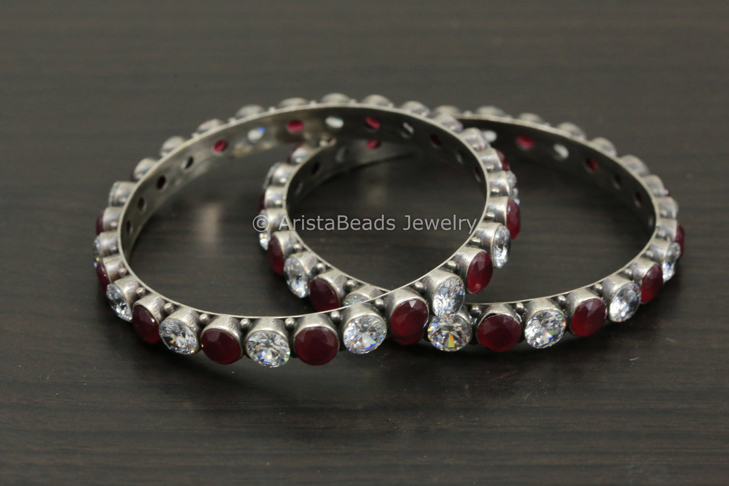 Silver Oxidized Red Clear CZ Bangle Pair (2.8)