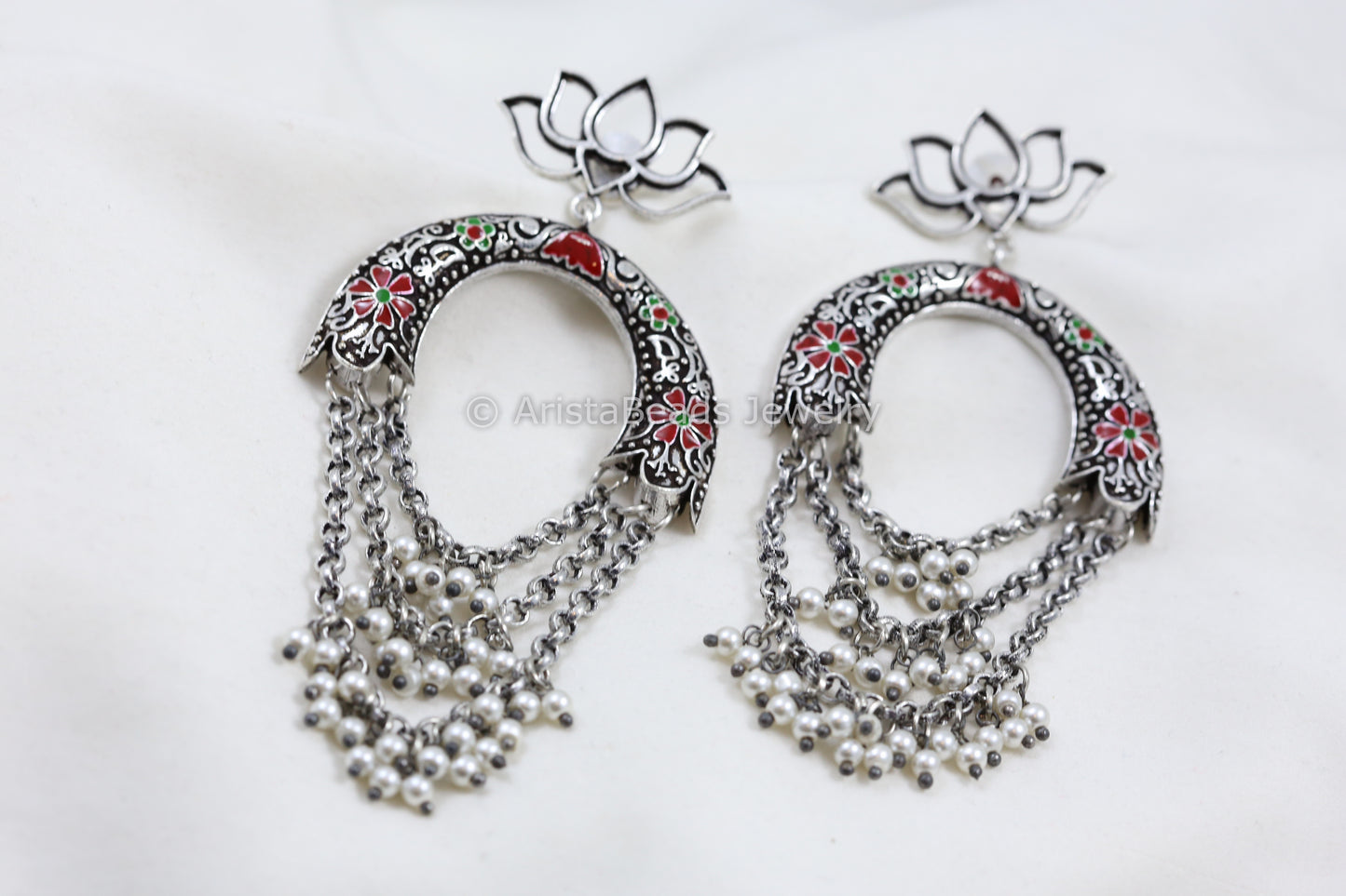 Silver Look Chandbaali - Red Green