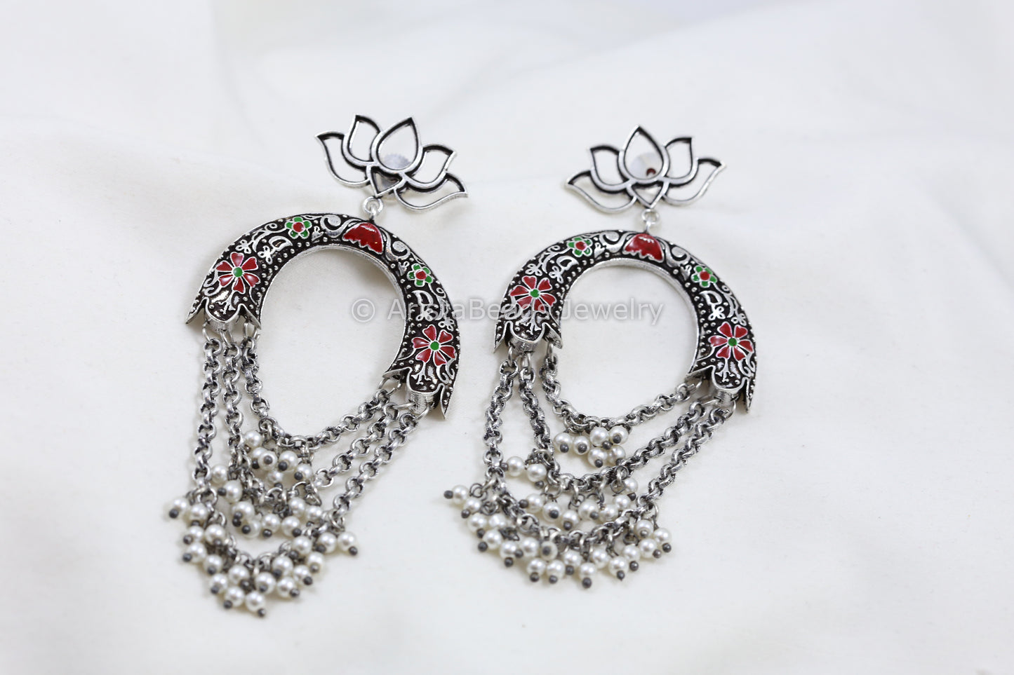 Silver Look Chandbaali - Red Green