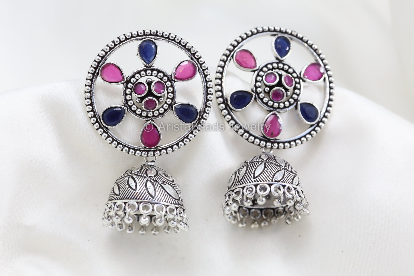 Round Stud Jhumka - Blue Ruby Stones
