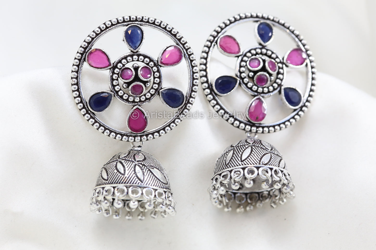 Round Stud Jhumka - Blue Ruby Stones