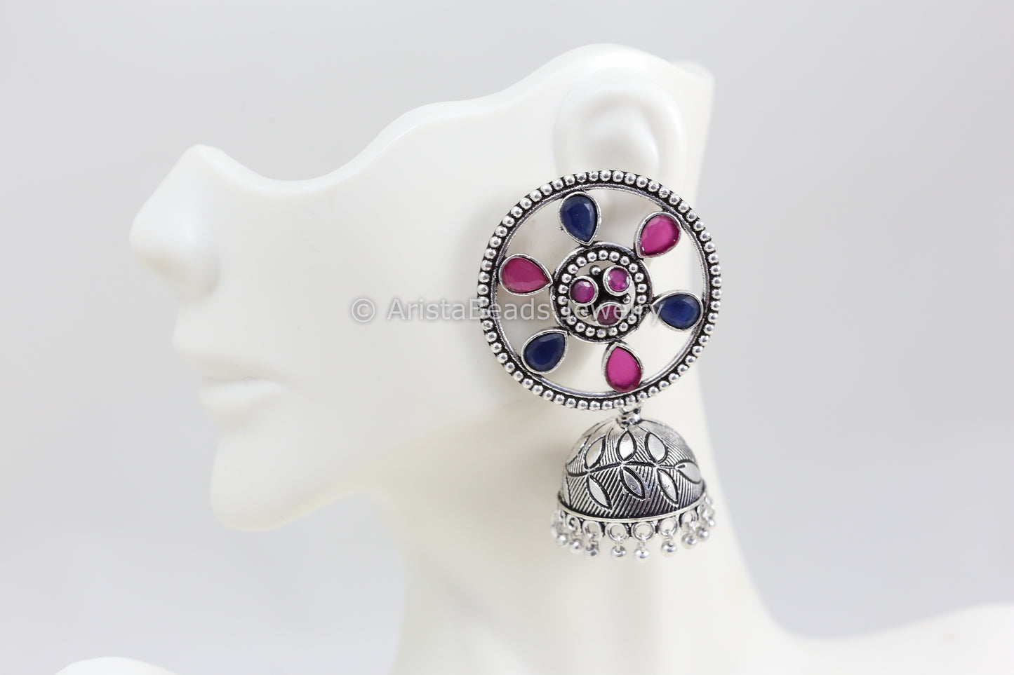 Round Stud Jhumka - Blue Ruby Stones