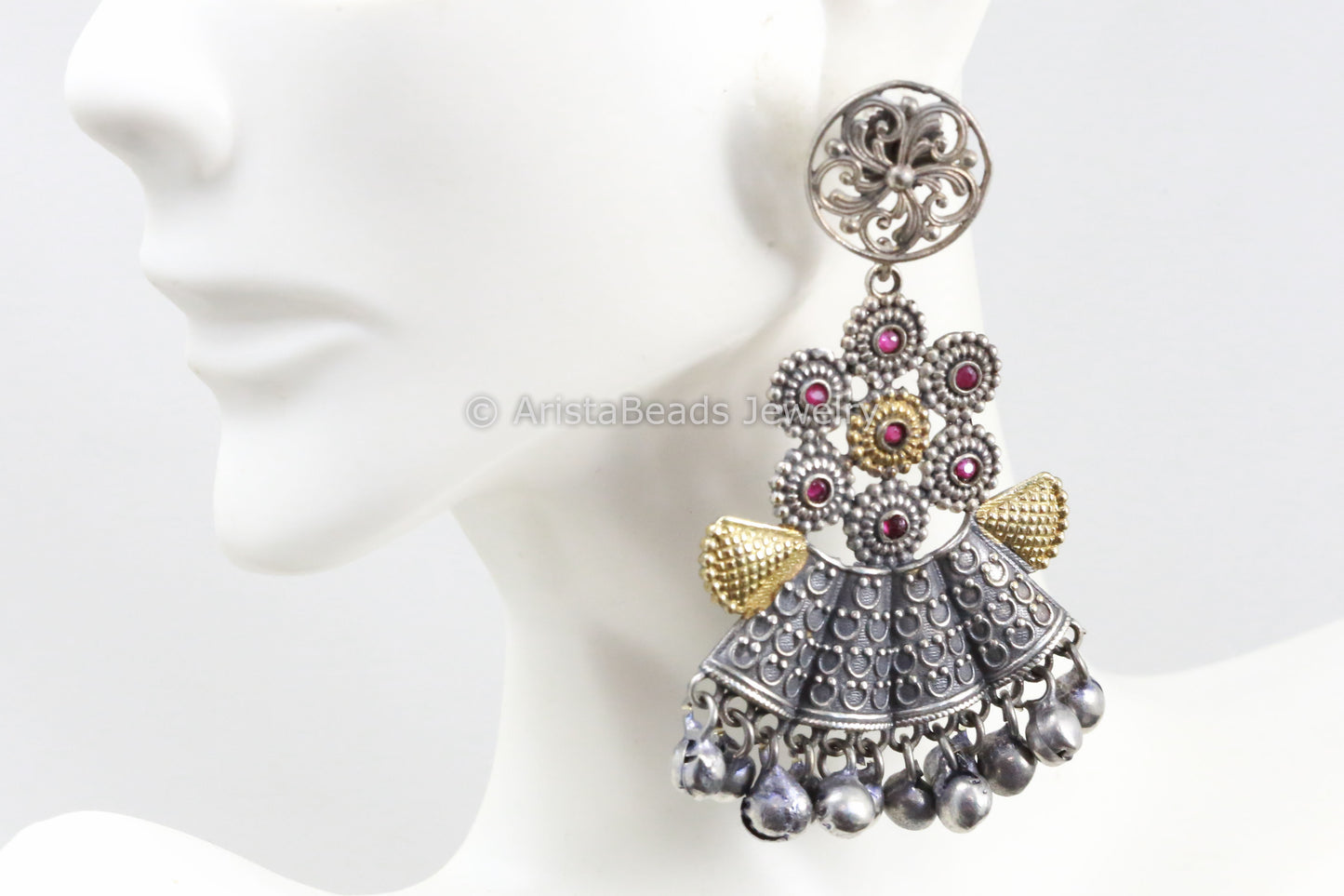 Dual Tone Silver Look Ruby Chandbaali