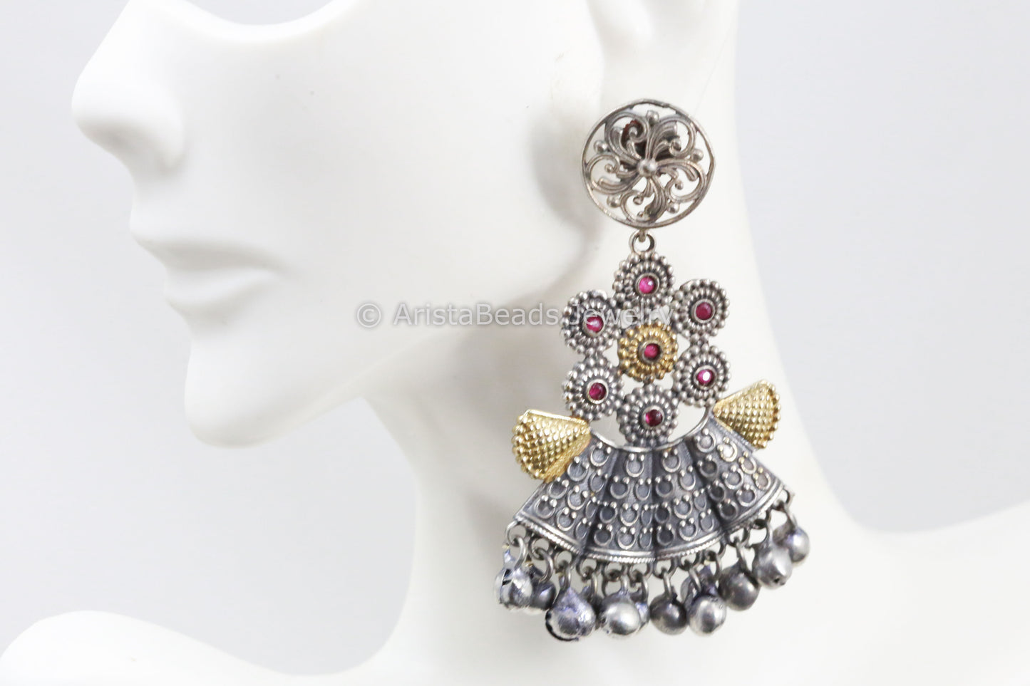 Dual Tone Silver Look Ruby Chandbaali