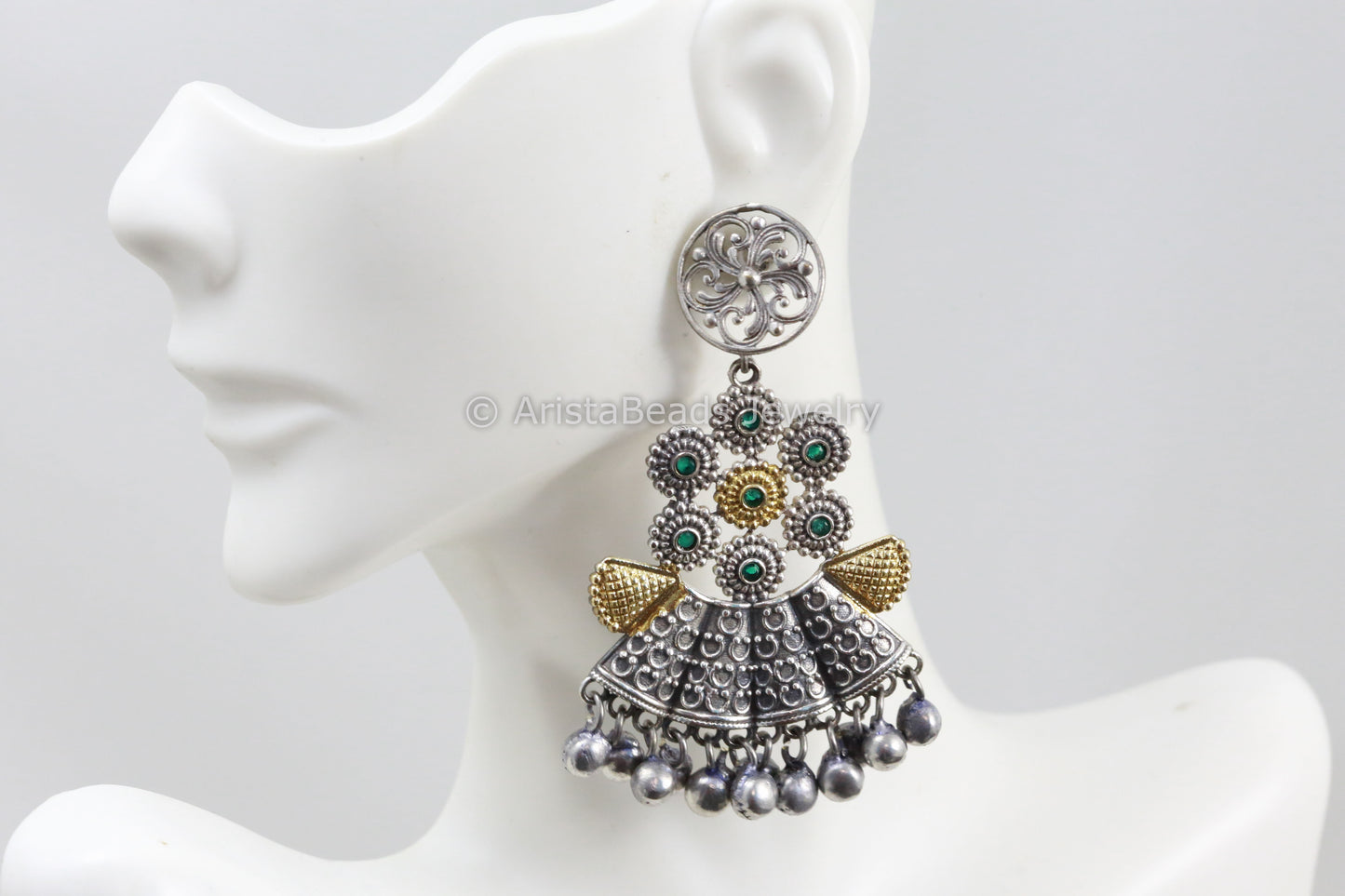 Dual Tone Silver Look Green Chandbaali