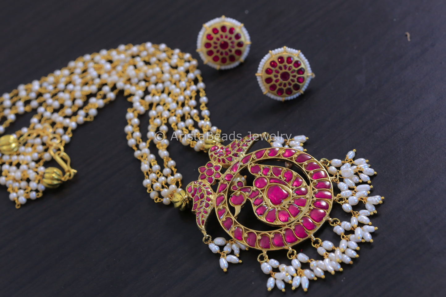 Handmade Ruby Peacock Kundan Necklace Set
