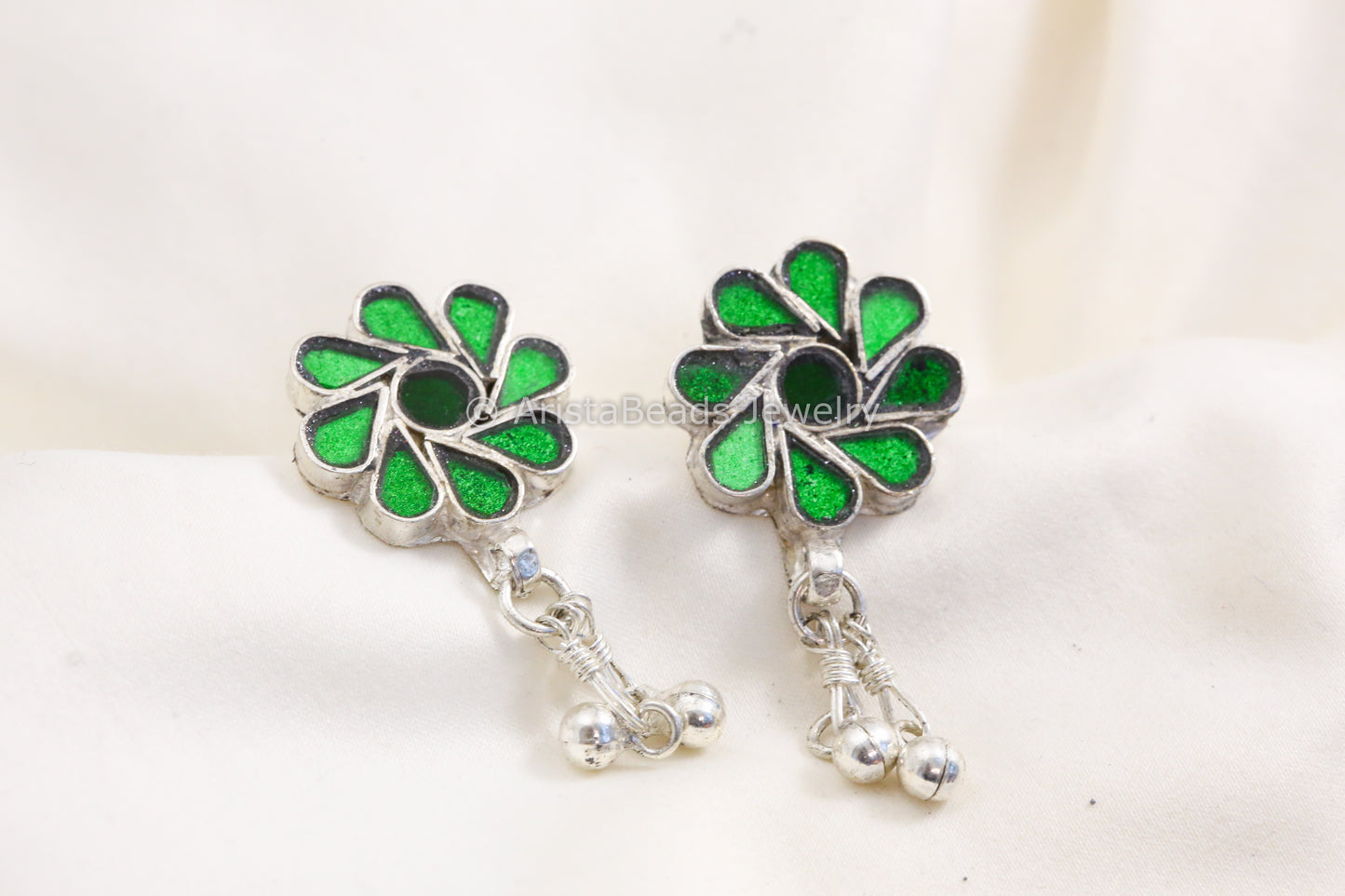 Silver Look Real Glass Stud - Green