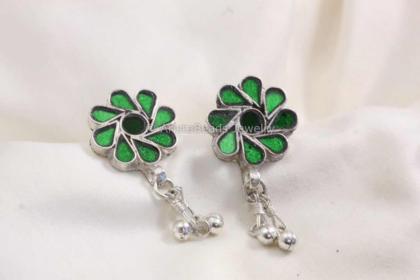 Silver Look Real Glass Stud - Green