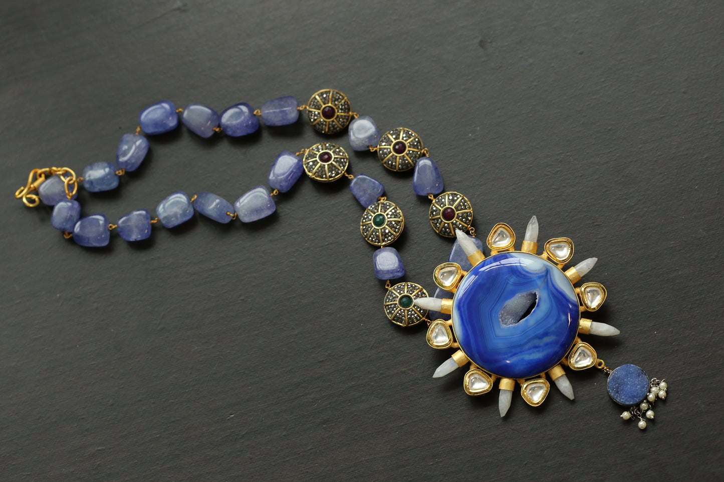 Contemporary Kundan & Blue Agate Geode Druzy Necklace