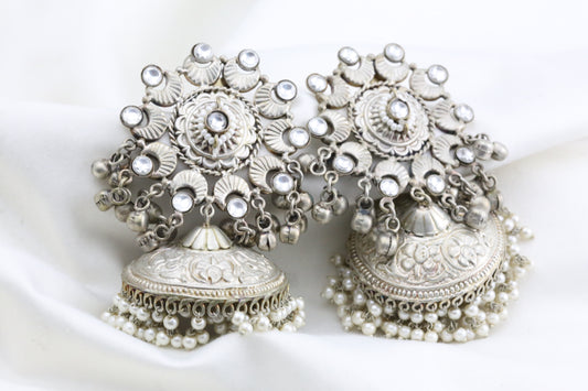 Large 925 Silver Polish Kundan Jhumka