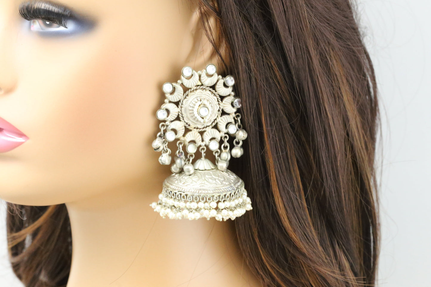 Large 925 Silver Polish Kundan Jhumka