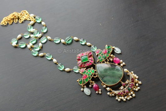 Jadau Kundan Pendant Necklace - Fluorite Cab