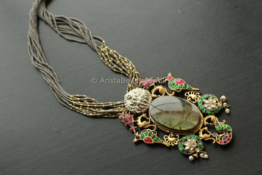 Jadau Kundan Pendant Necklace - Labradorite Cab