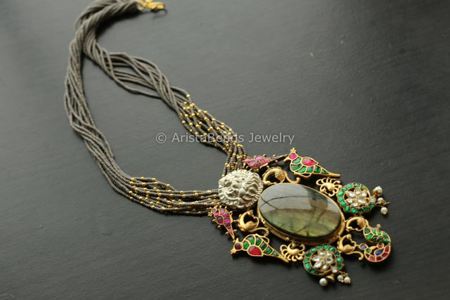 Jadau Kundan Pendant Necklace - Labradorite Cab